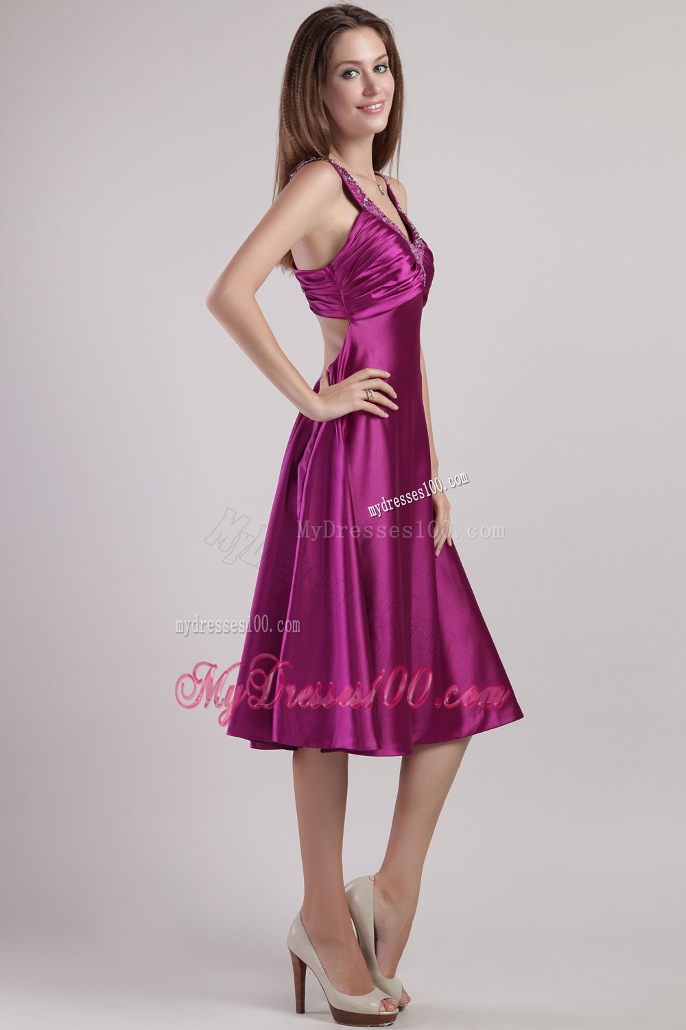 V-neck Elastic Woven Satin Beading Dama Dresses For Quinceanera