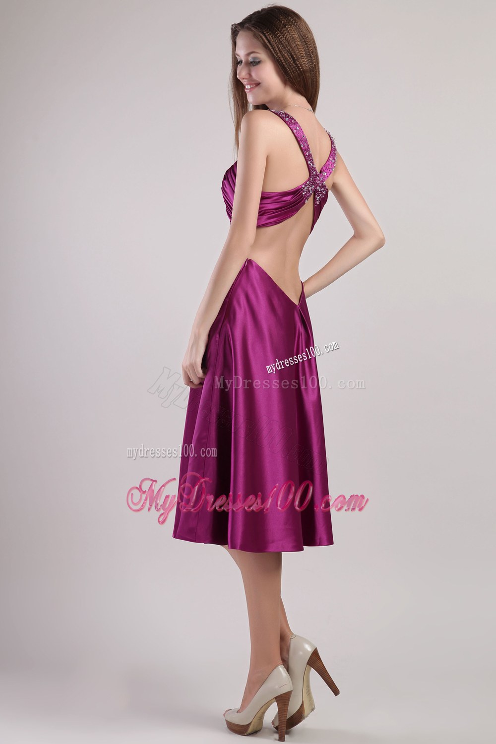 V-neck Elastic Woven Satin Beading Dama Dresses For Quinceanera