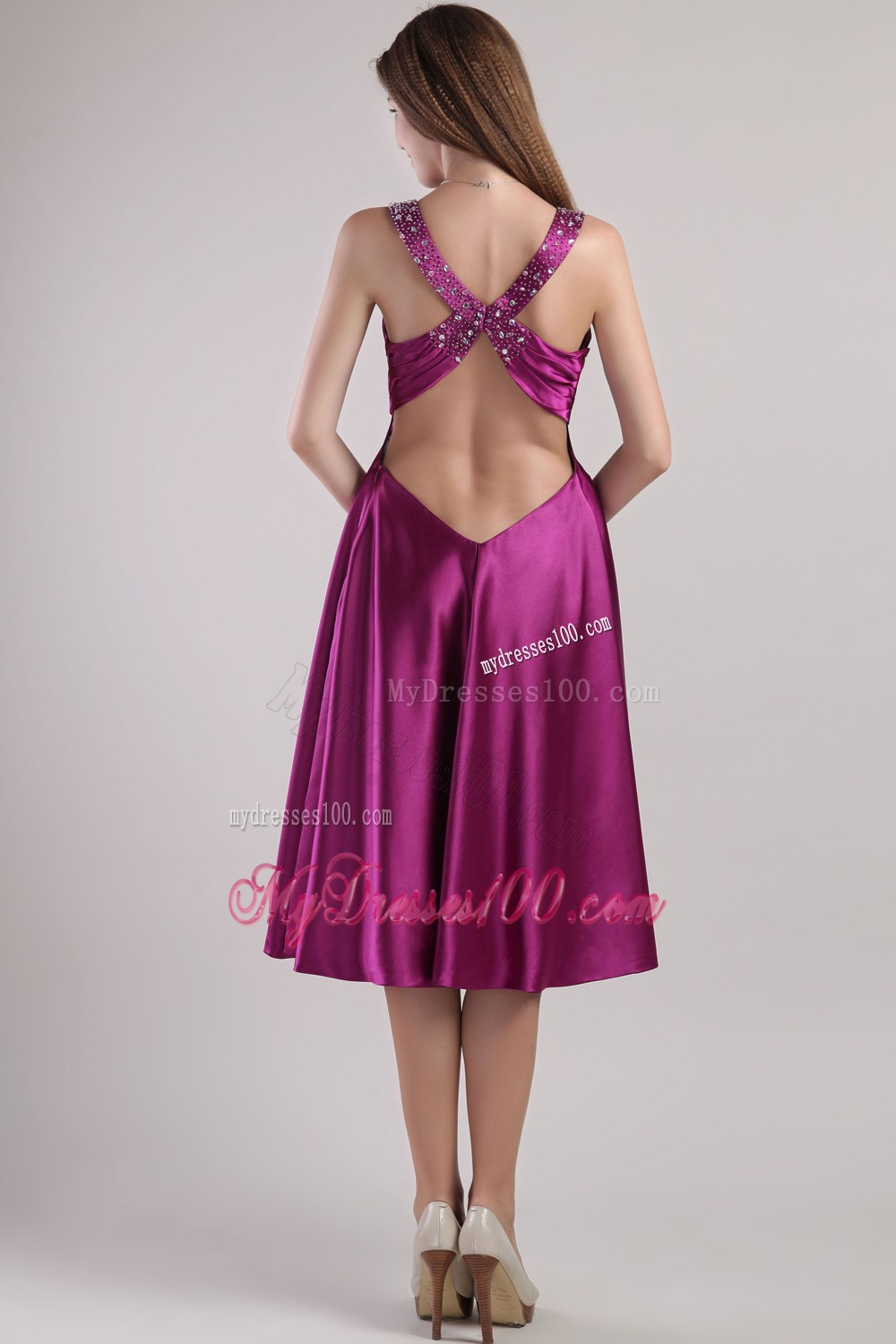 V-neck Elastic Woven Satin Beading Dama Dresses For Quinceanera