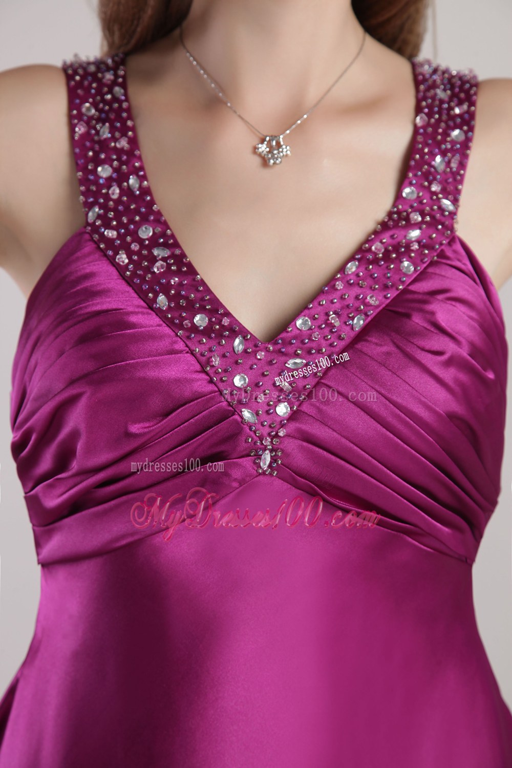 V-neck Elastic Woven Satin Beading Dama Dresses For Quinceanera