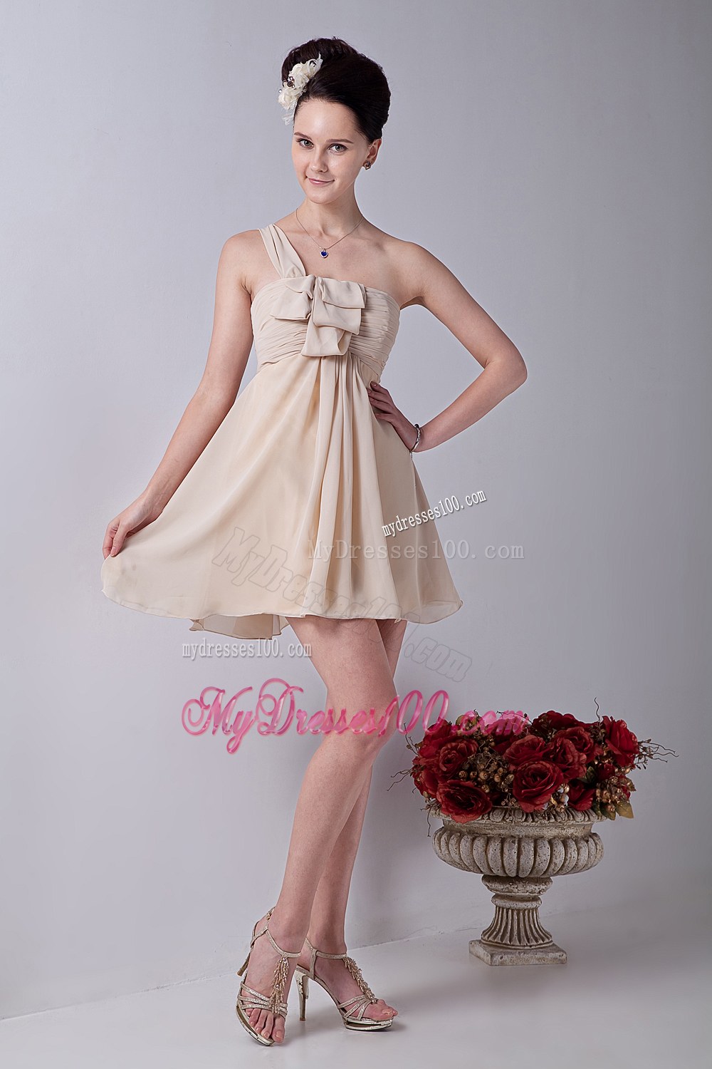 Champagne One Shoulder Dama Dresses For Quinceanera with Ruche