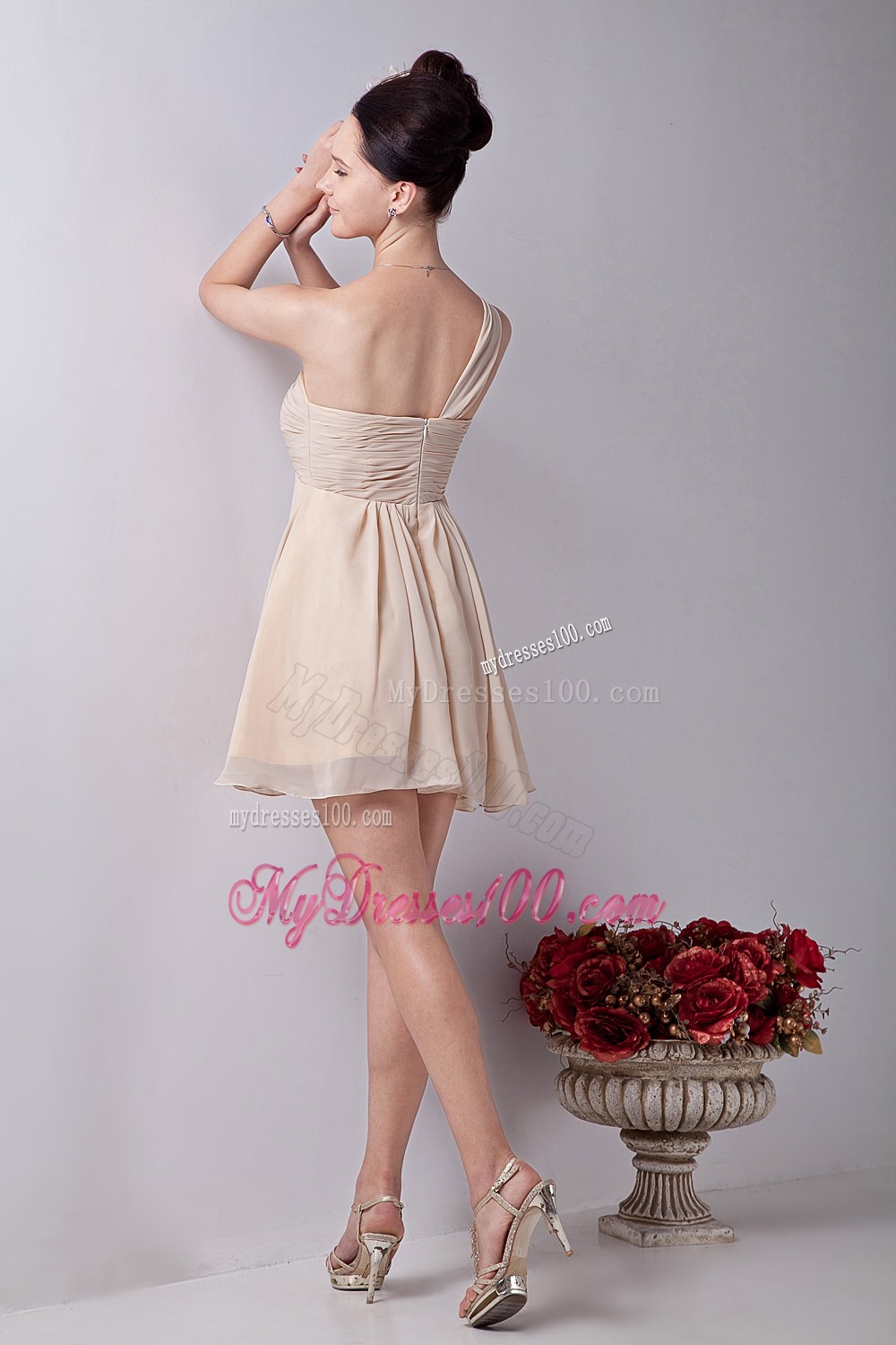 Champagne One Shoulder Dama Dresses For Quinceanera with Ruche