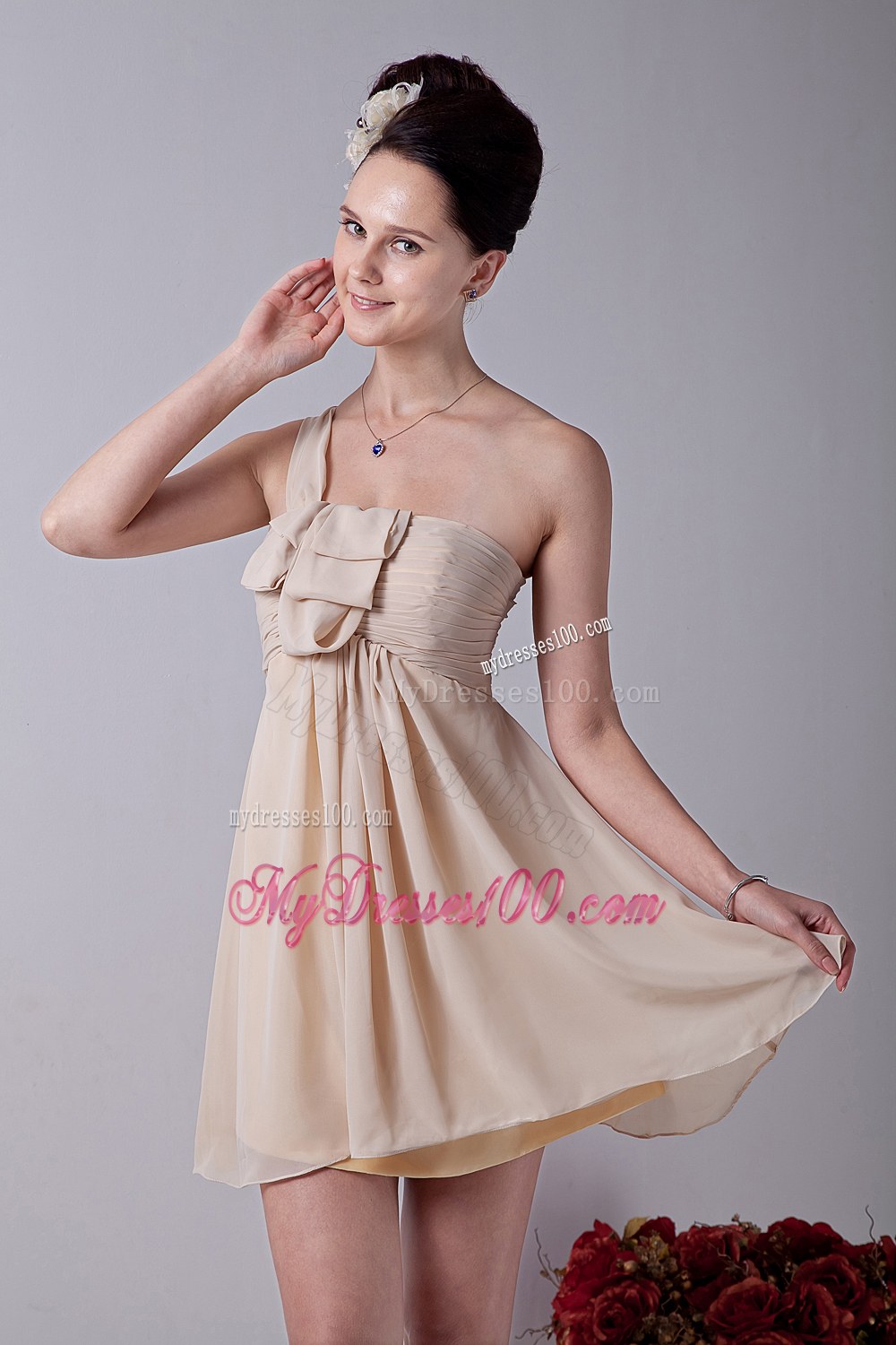Champagne One Shoulder Dama Dresses For Quinceanera with Ruche