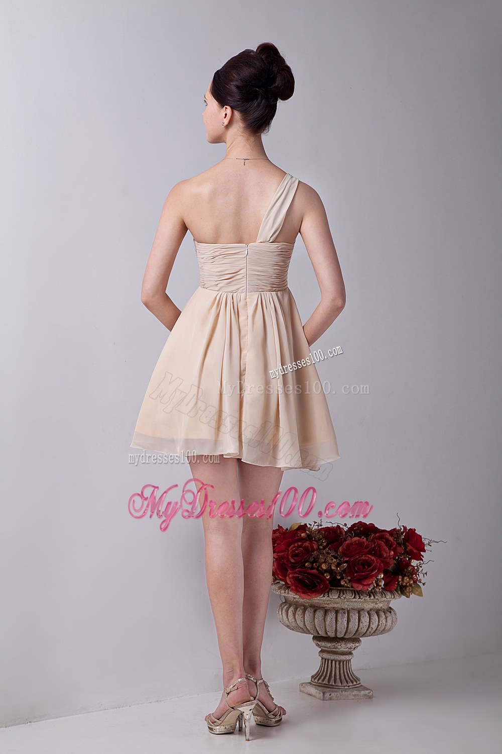 Champagne One Shoulder Dama Dresses For Quinceanera with Ruche