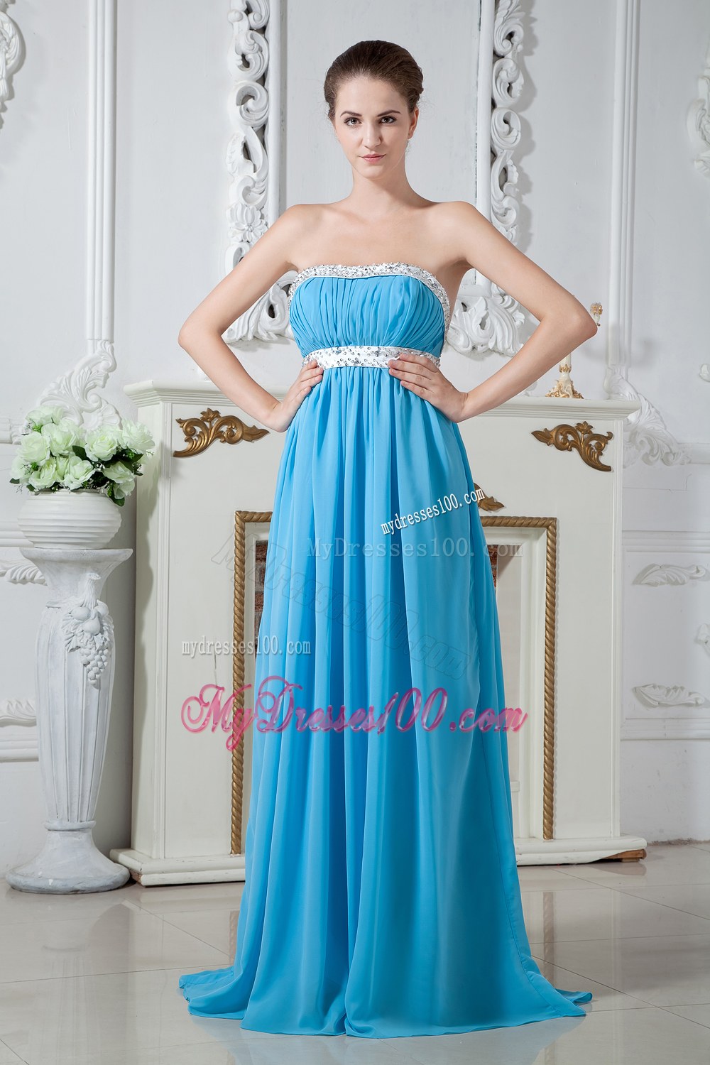 Sexy Aqua Blue Strapless Dama Dresses For Quinceanera with Beading