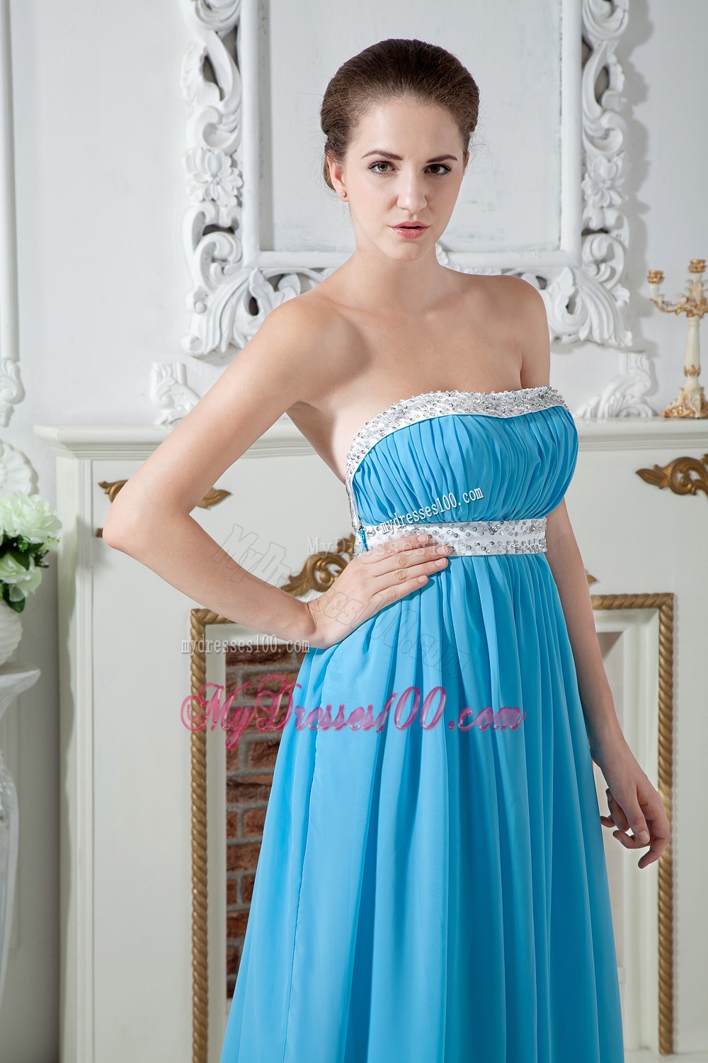 Sexy Aqua Blue Strapless Dama Dresses For Quinceanera with Beading