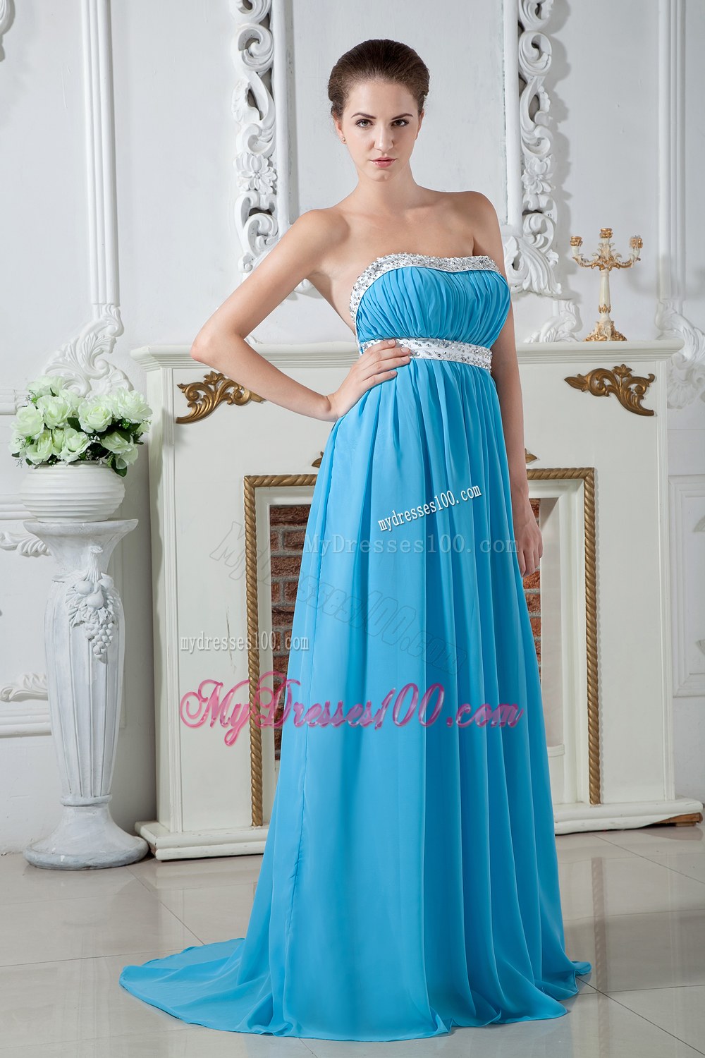 Sexy Aqua Blue Strapless Dama Dresses For Quinceanera with Beading