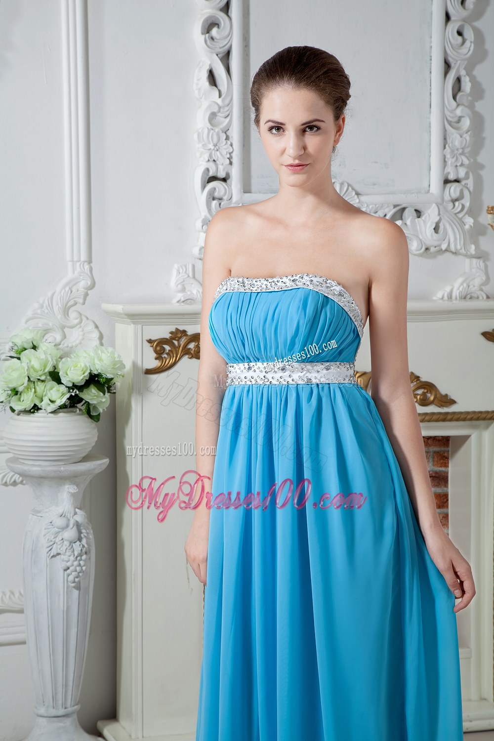 Sexy Aqua Blue Strapless Dama Dresses For Quinceanera with Beading