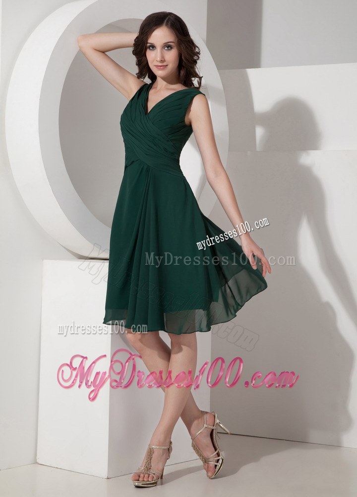 Olive V-neck Mini-length Ruched Dama Dresses For Quinceanera