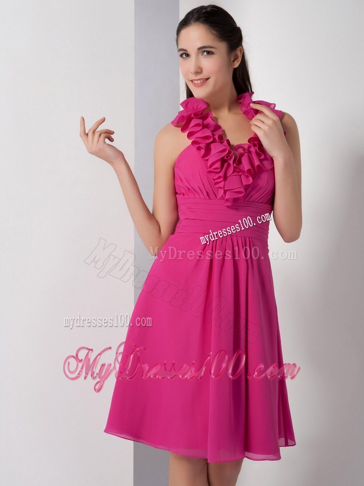 Hot Pink Halter Dama Dresses For Quinceanera with Ruching