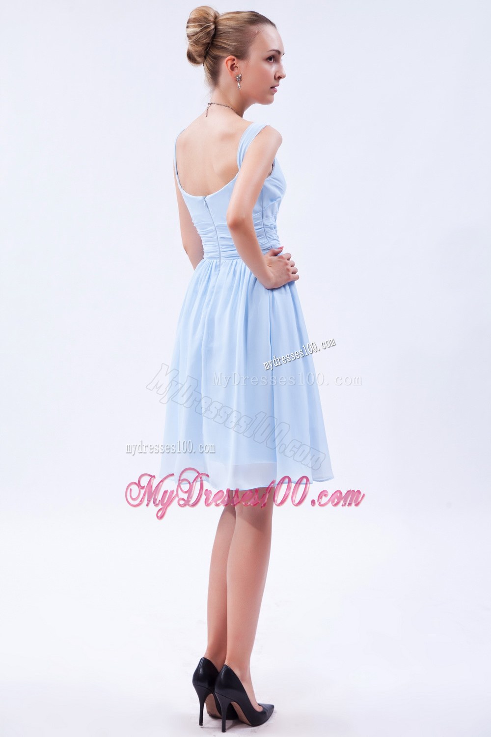 Baby Blue Straps Knee-length Ruche Dama Dresses For Quinceanera