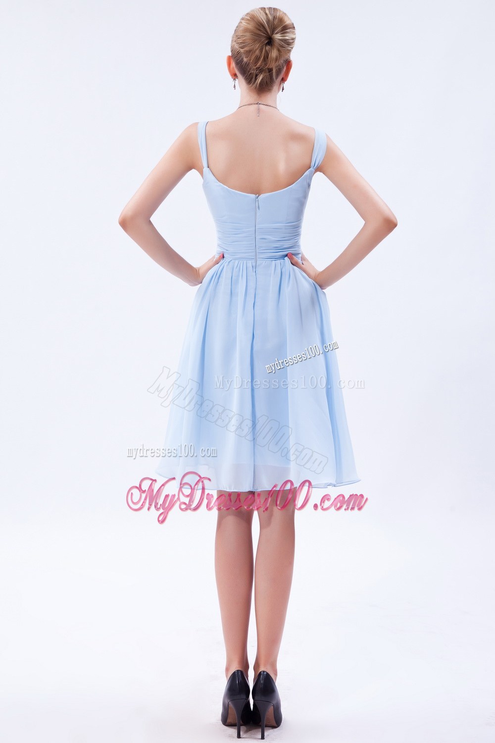 Baby Blue Straps Knee-length Ruche Dama Dresses For Quinceanera