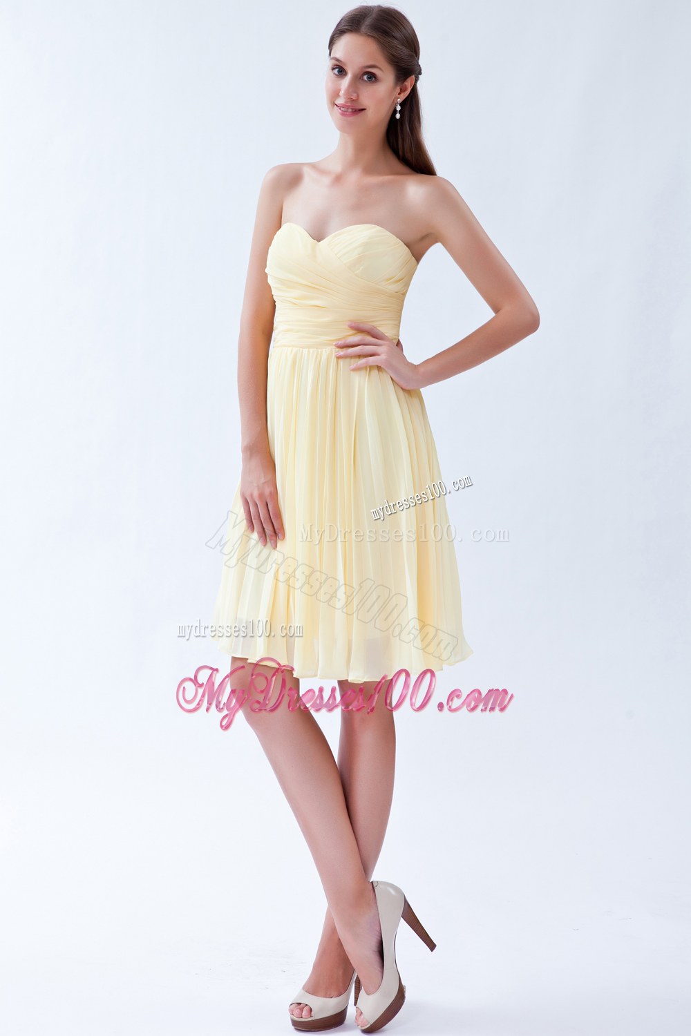 Light Yellow Empire Sweetheart Dama Dresses For Quinceanera Pleats