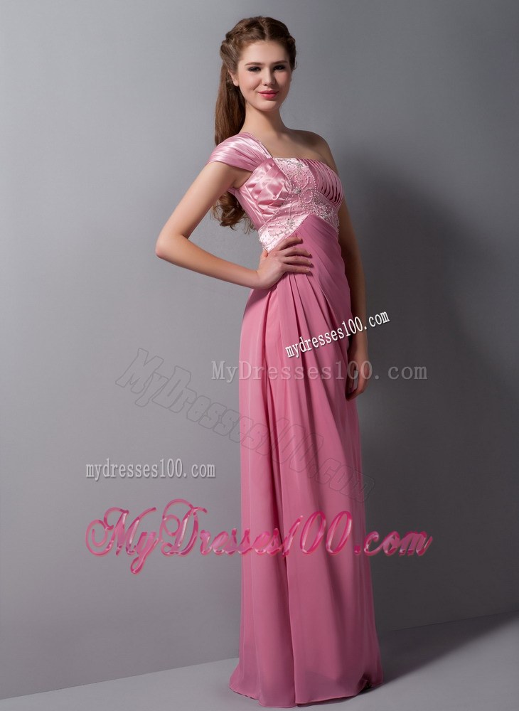 Pink Column One Shoulder Beading Dama Dresses For Quinceanera