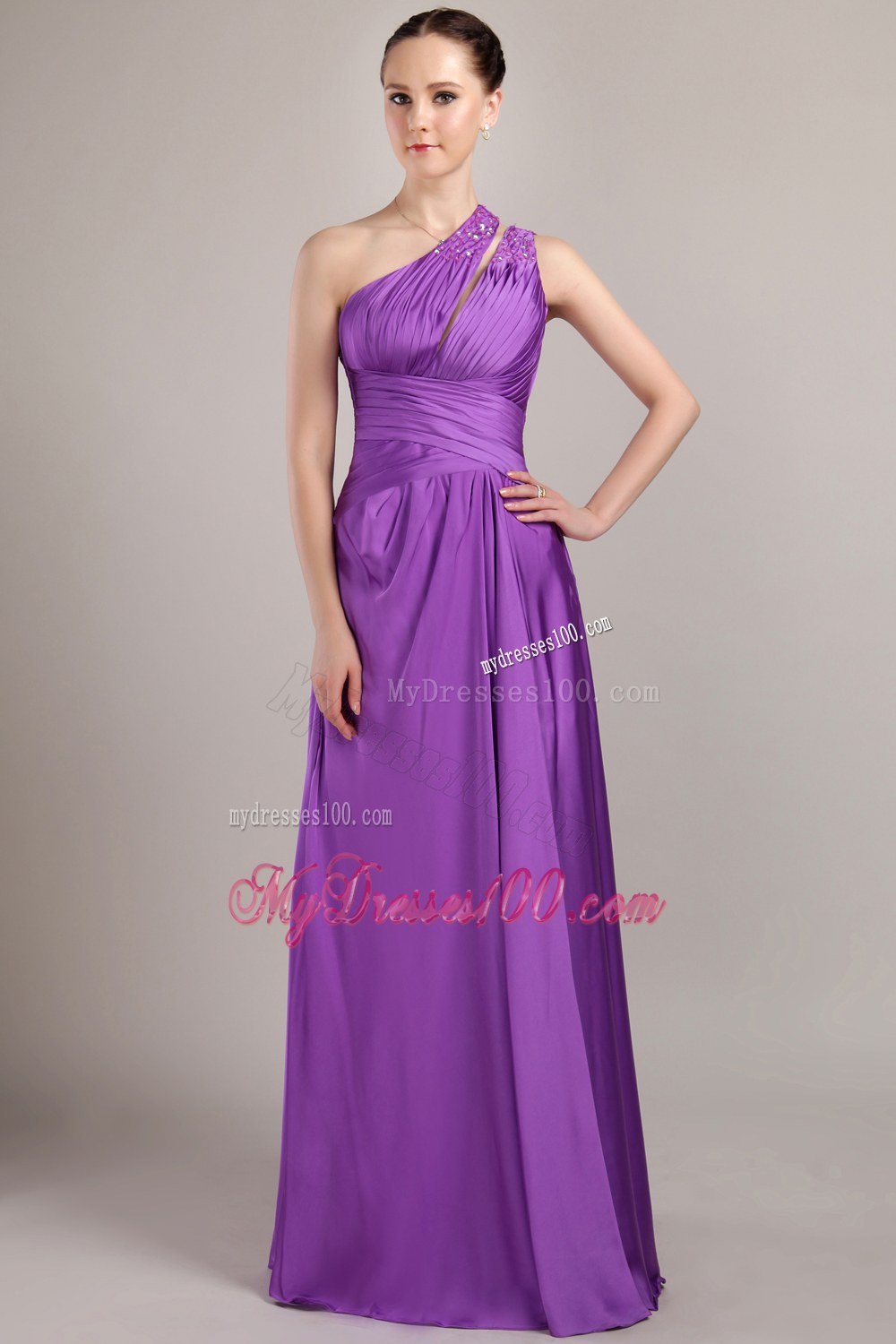 Purple Empire One Shoulder Beading Dama Dresses For Quinceanera