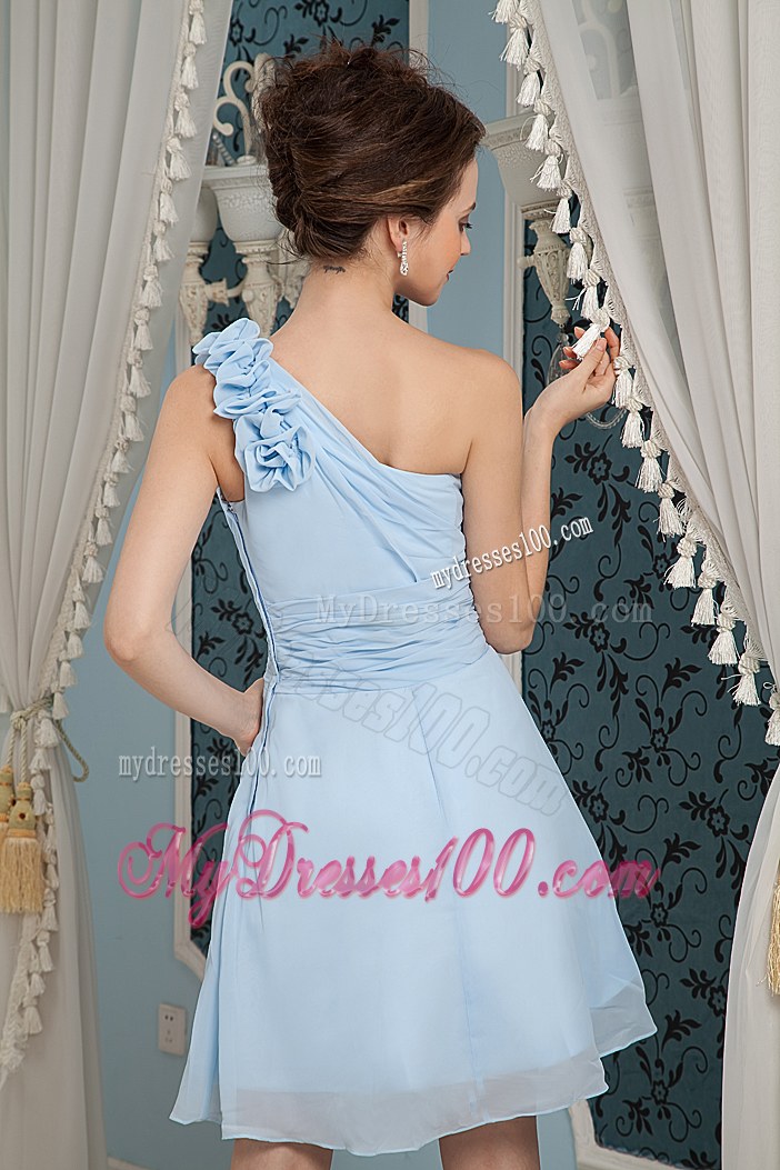 Baby Blue Prom Dress Under 100 A-line / Pricess One Shoulder Chiffon Hand Made Flowers
