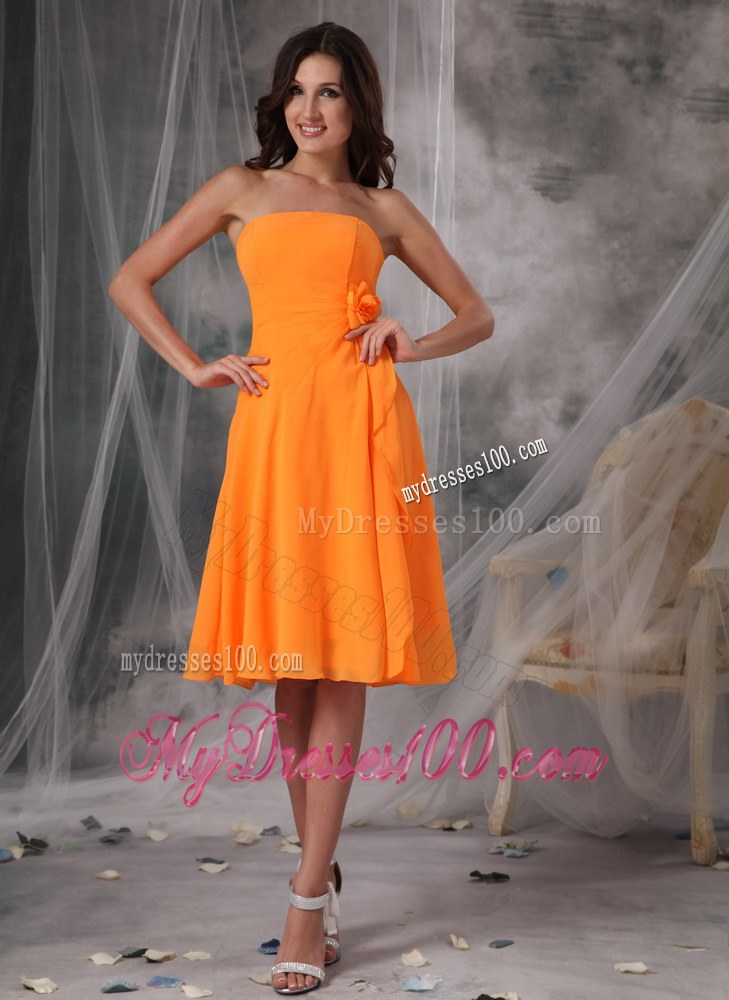 Orange Strapless Short Dama Dresses For Quinceanera Handle Flowers