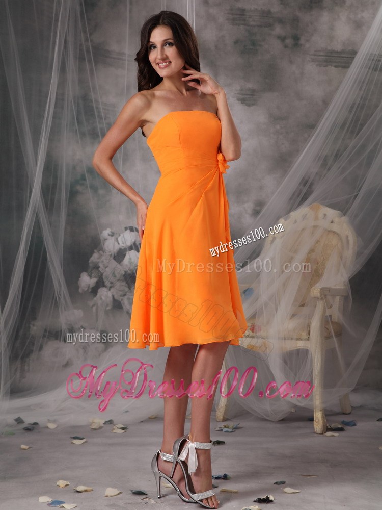 Orange Strapless Short Dama Dresses For Quinceanera Handle Flowers