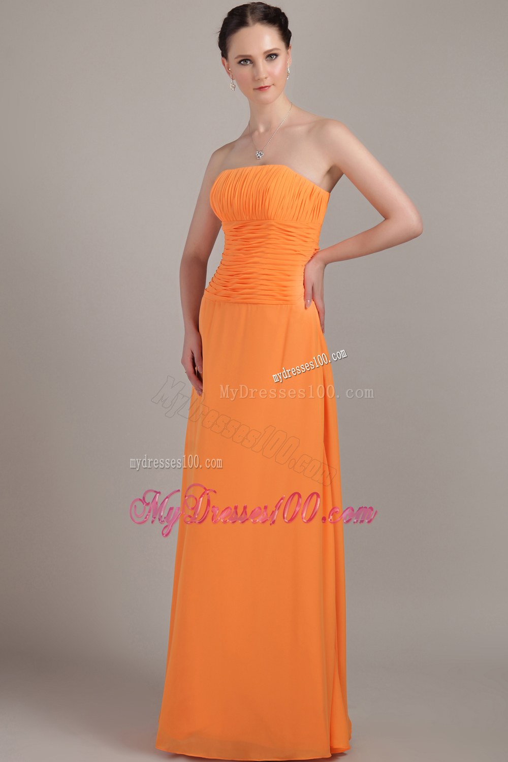 Orange Column Strapless Ruche Dama Dresses For Quinceanera 2013