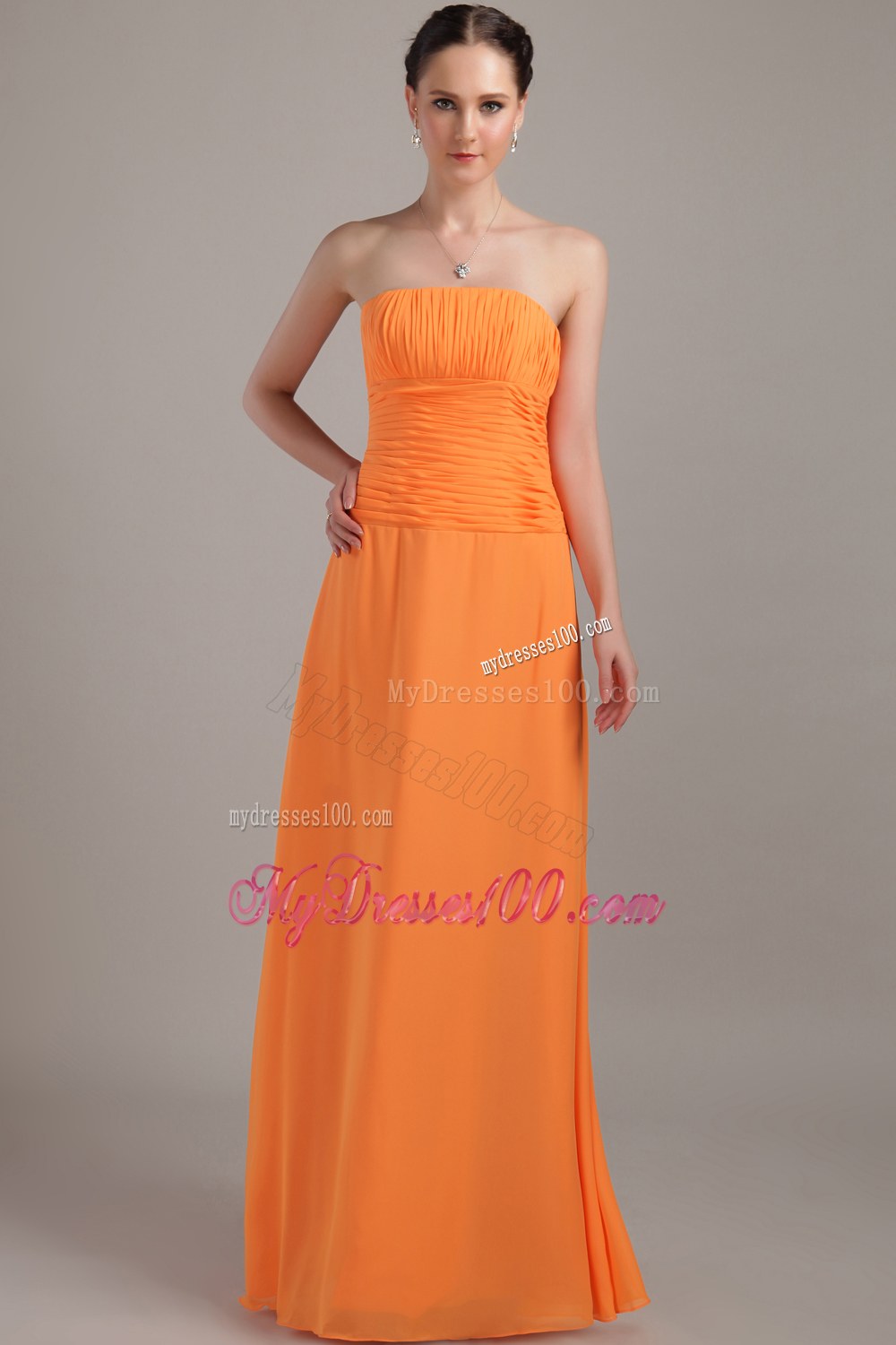 Orange Column Strapless Ruche Dama Dresses For Quinceanera 2013