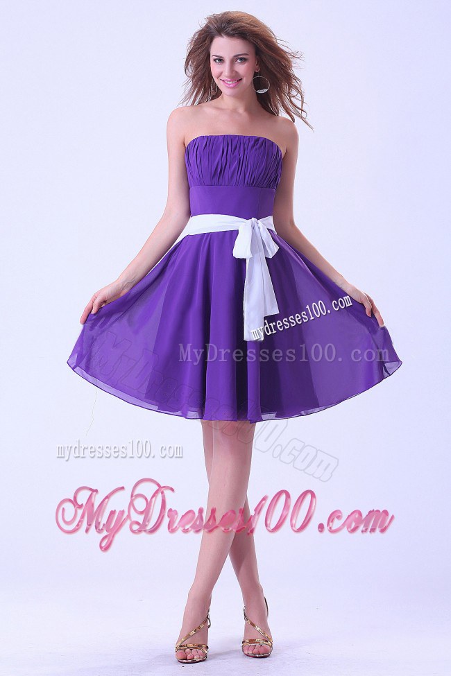 Purple Dama Dresses For Quinceanera With White Sash Knee-length