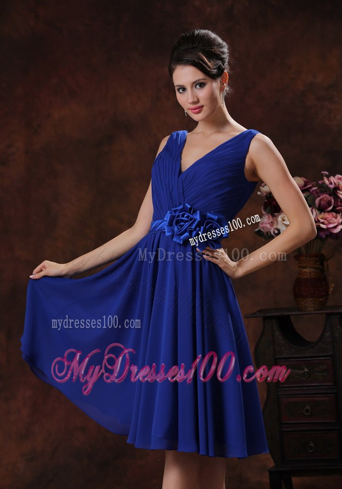 Roral Blue V-neck Dama Dresses For Quinceanera With Flowers Ruche