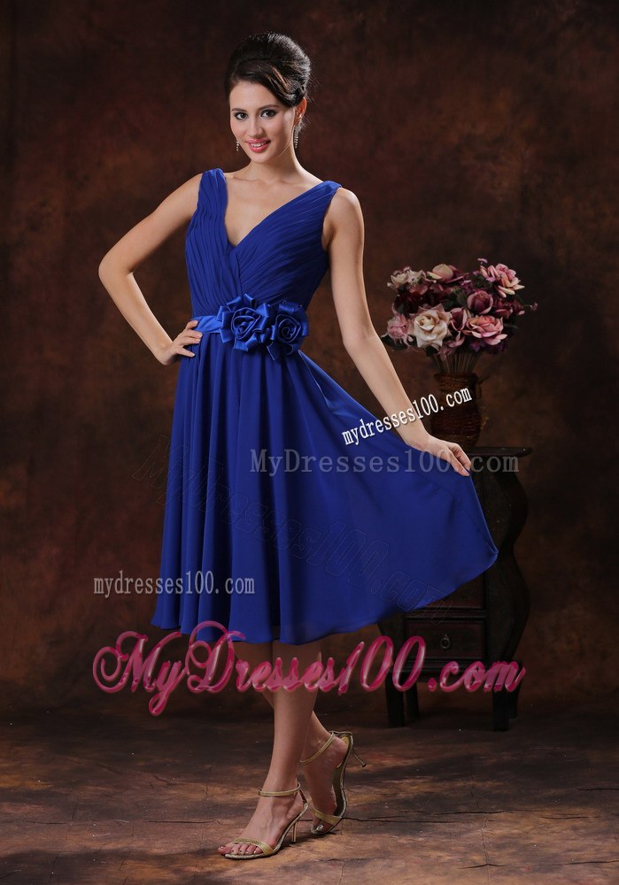 Roral Blue V-neck Dama Dresses For Quinceanera With Flowers Ruche