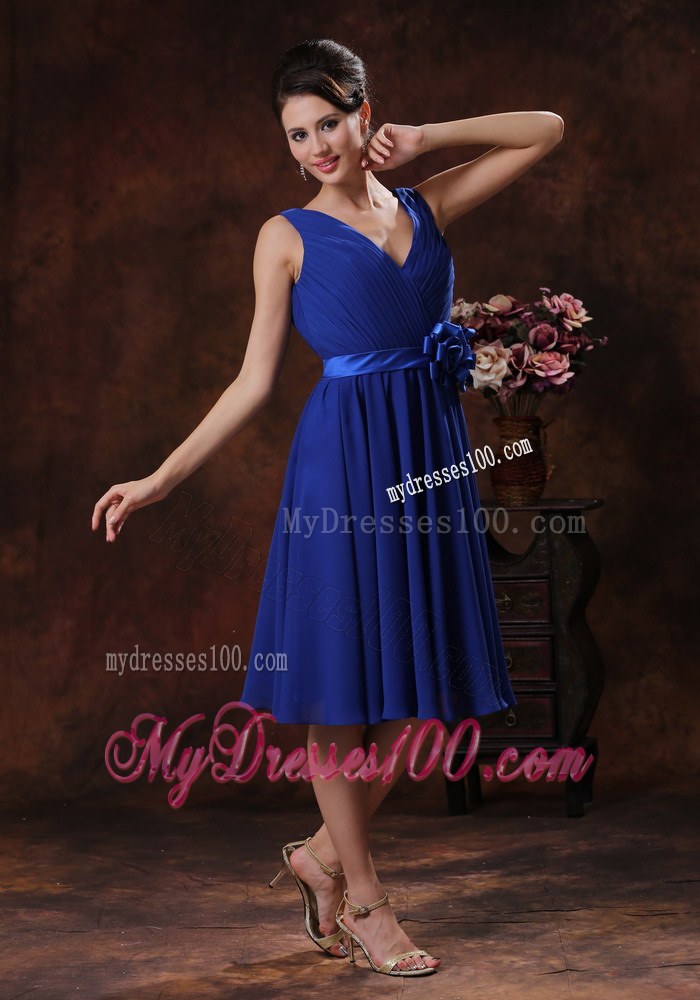 Roral Blue V-neck Dama Dresses For Quinceanera With Flowers Ruche