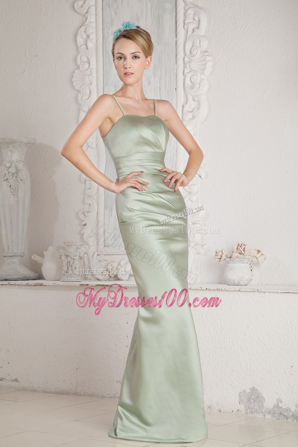 Apple Green Straps Long Beading Dama Dresses For Quinceanera