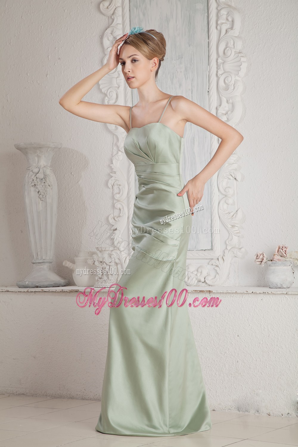 Apple Green Straps Long Beading Dama Dresses For Quinceanera