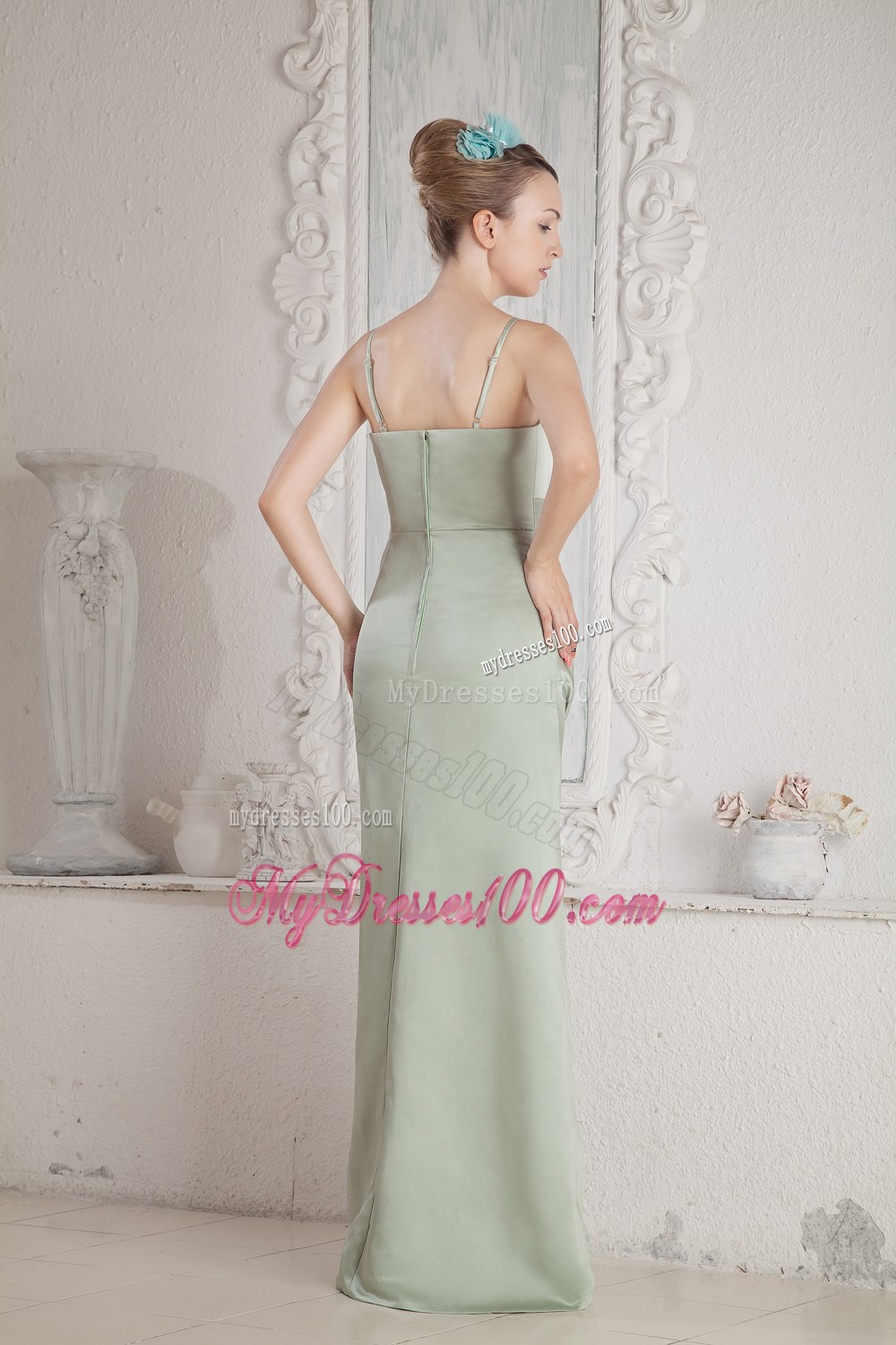 Apple Green Straps Long Beading Dama Dresses For Quinceanera