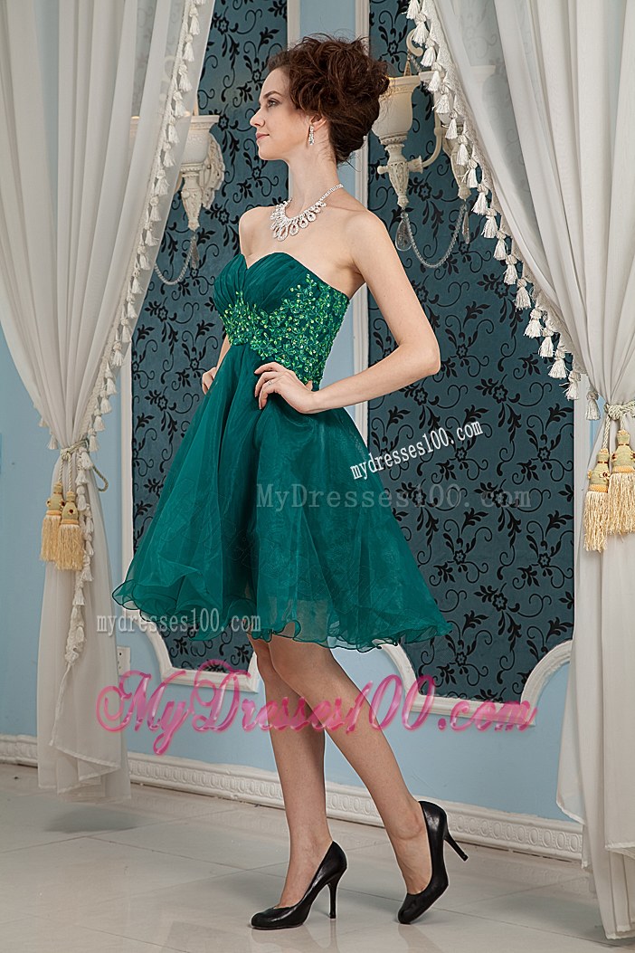 Dark Green A-line Sweetheart Mini-length Organza Appliques Prom Dress