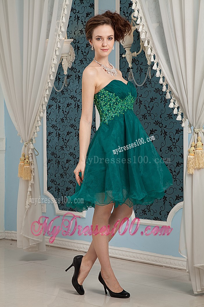 Dark Green A-line Sweetheart Mini-length Organza Appliques Prom Dress