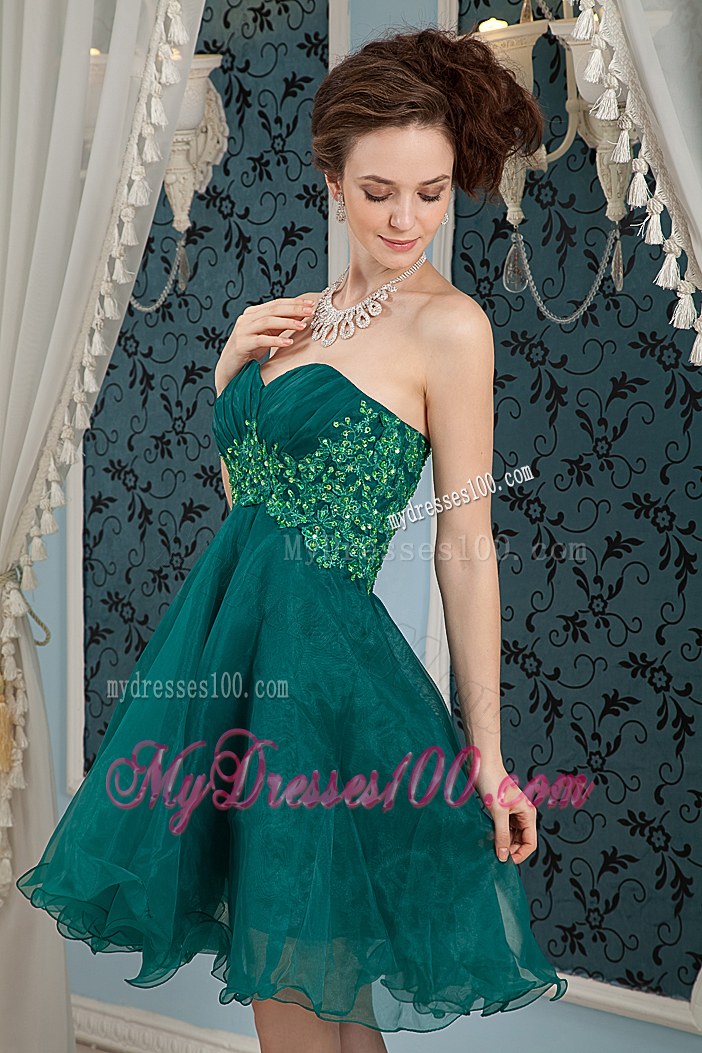Dark Green A-line Sweetheart Mini-length Organza Appliques Prom Dress
