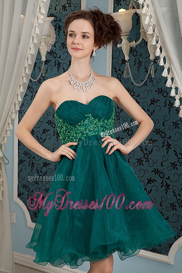 Dark Green A-line Sweetheart Mini-length Organza Appliques Prom Dress