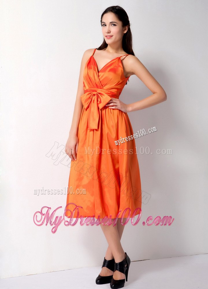 Orange Spaghetti Straps Dama Dresses For Quinceanera with Bow