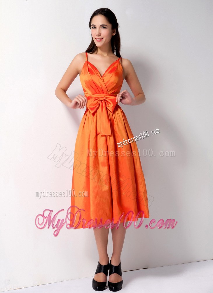 Orange Spaghetti Straps Dama Dresses For Quinceanera with Bow