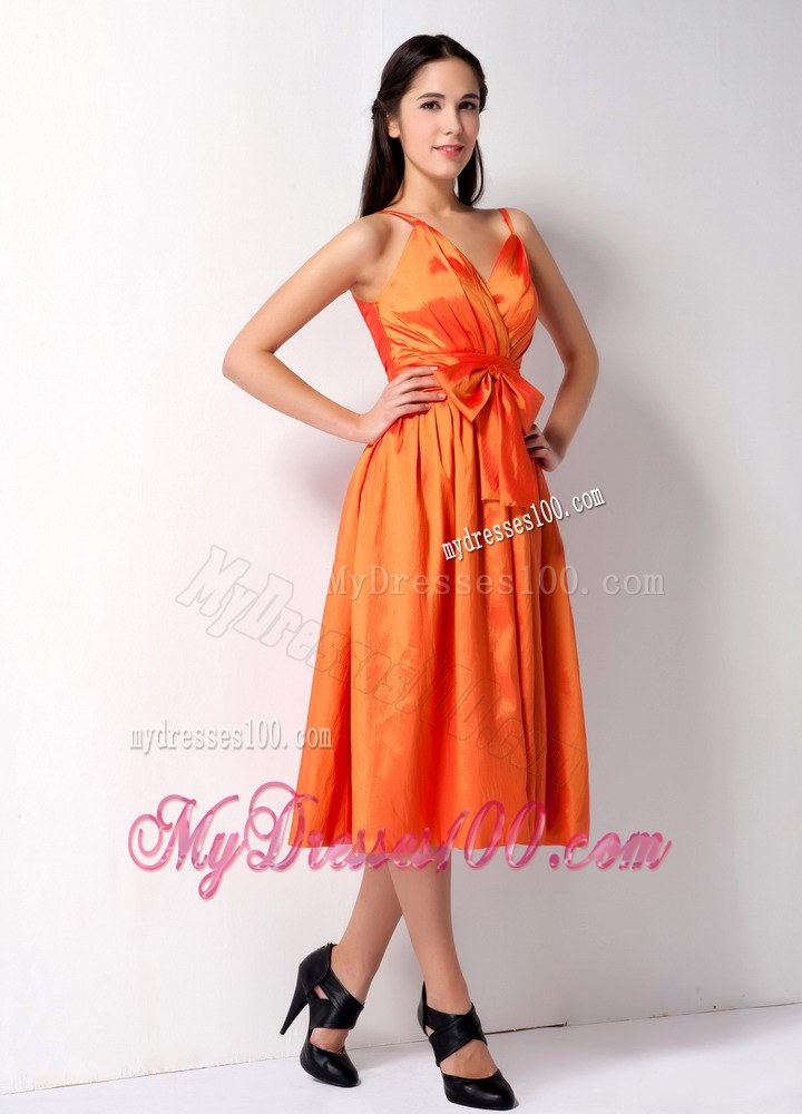 Orange Spaghetti Straps Dama Dresses For Quinceanera with Bow
