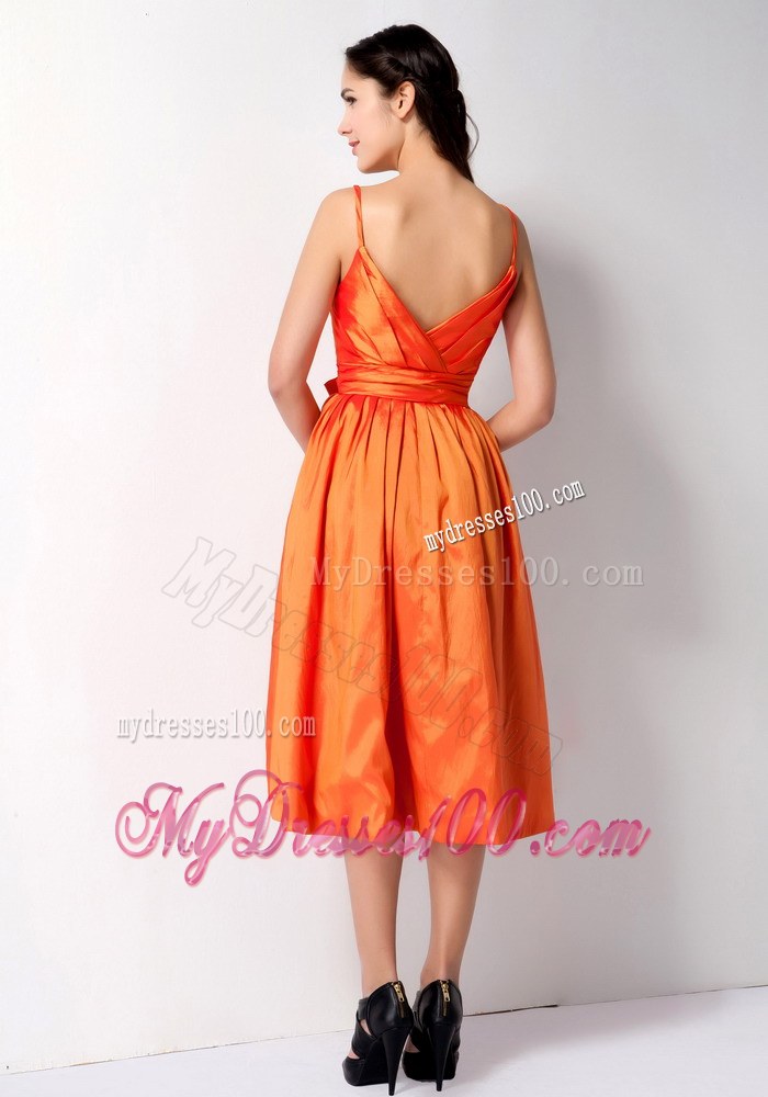 Orange Spaghetti Straps Dama Dresses For Quinceanera with Bow