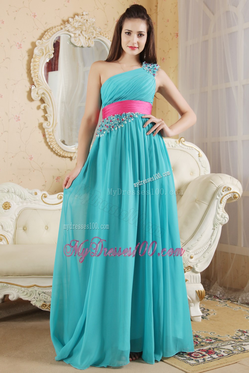 Teal One Shoulder Dama Dresses For Quinceanera Ruches and Beading 