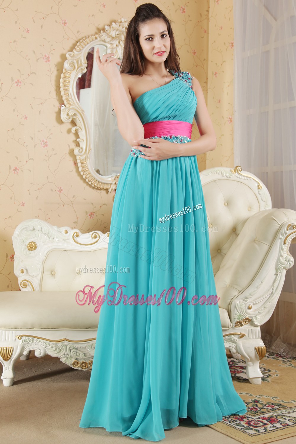 Teal One Shoulder Dama Dresses For Quinceanera Ruches and Beading 