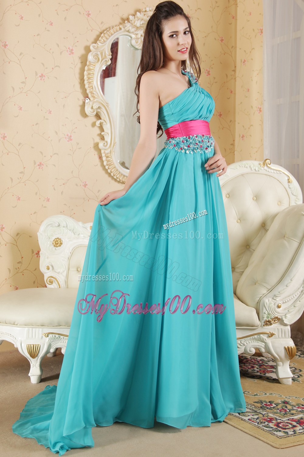 Teal One Shoulder Dama Dresses For Quinceanera Ruches and Beading 