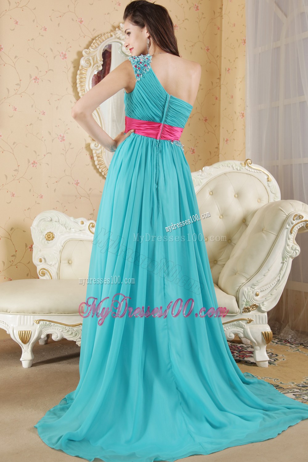 Teal One Shoulder Dama Dresses For Quinceanera Ruches and Beading 