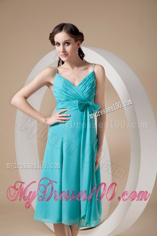 2013 Turquoise Spaghetti Straps Bow Dama Dresses For Quinceanera