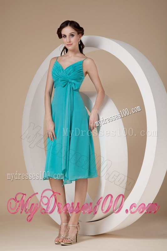 2013 Turquoise Spaghetti Straps Bow Dama Dresses For Quinceanera