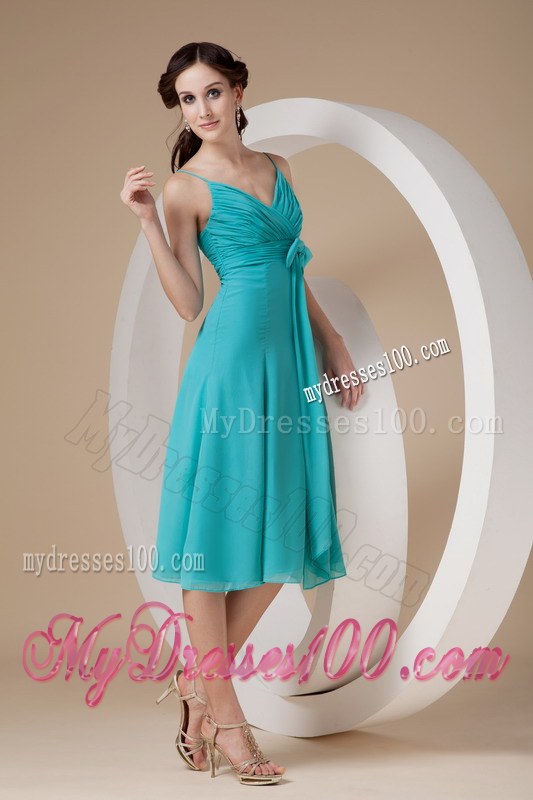 2013 Turquoise Spaghetti Straps Bow Dama Dresses For Quinceanera