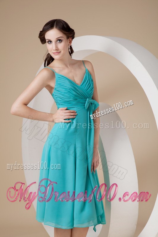 2013 Turquoise Spaghetti Straps Bow Dama Dresses For Quinceanera
