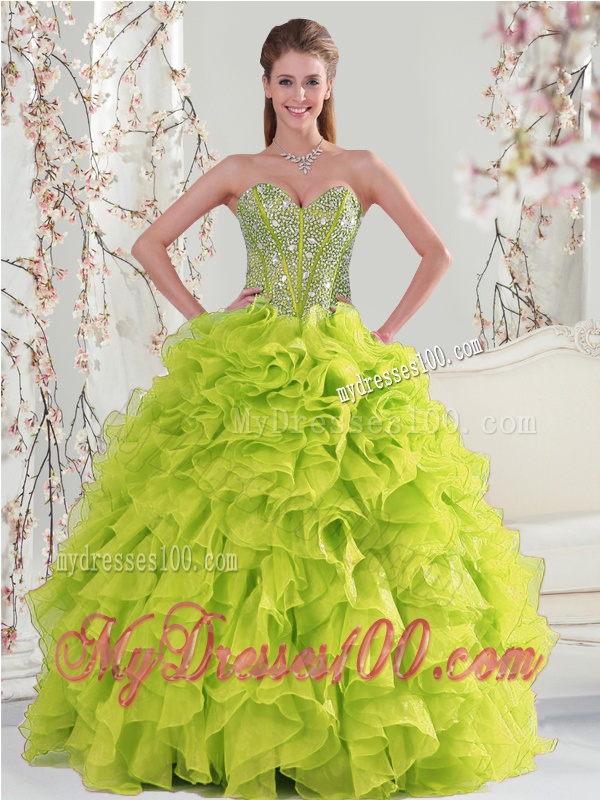 2016 Beading and Ruffles Yellow Green Detachable Dresses for Quince