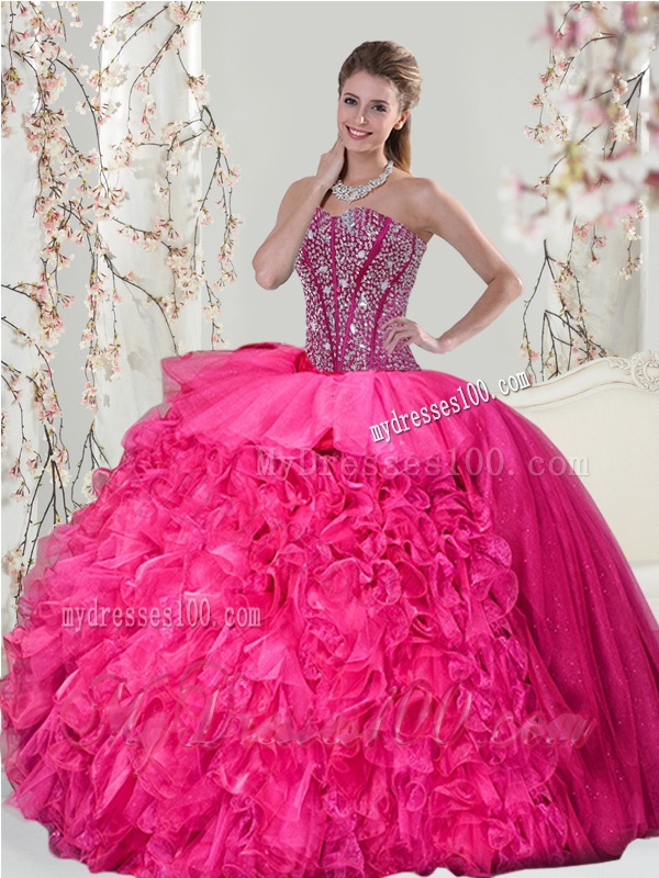 2016 Beautiful Hot Pink Sweet 15 Dresses with Beading and Ruffles