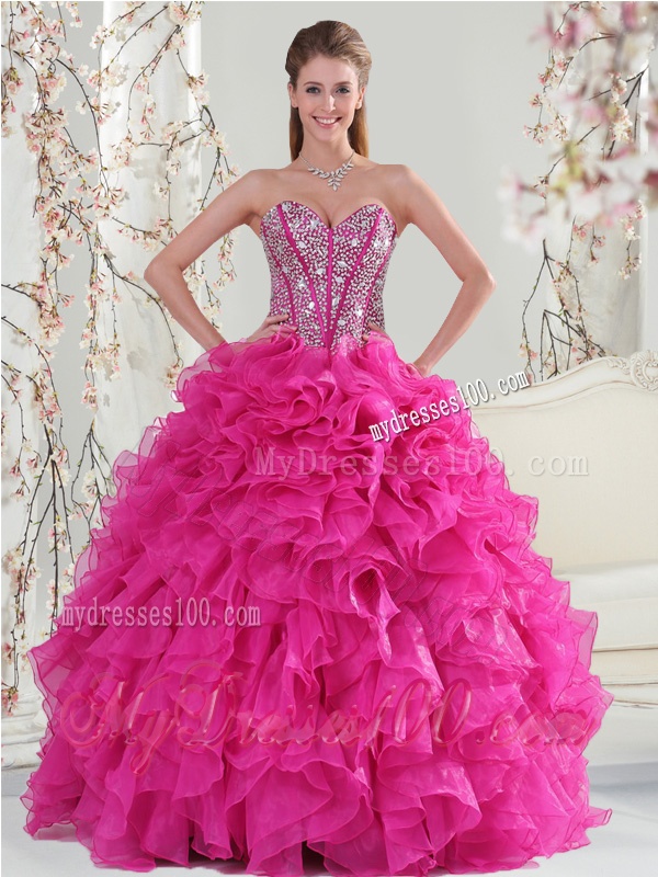 2016 Beautiful Hot Pink Sweet 15 Dresses with Beading and Ruffles